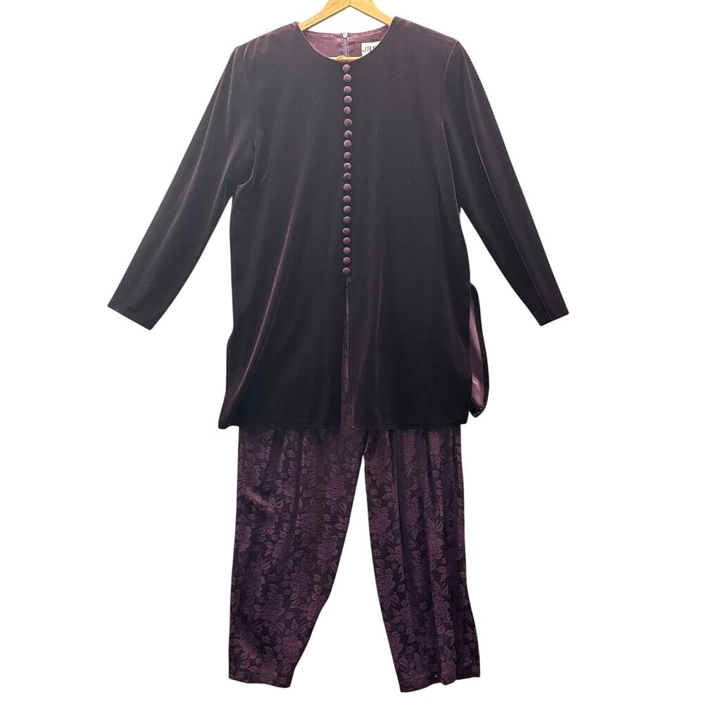 JBS LTD Vintage Purple Velvet Paisley Button Down Tunic Stretch Pant Suit Set 12